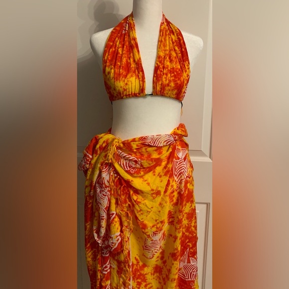 Other - Bikini Top & Long Sarong Wrap Skirt, One Size, Orange, White & Yellow Color, EUC